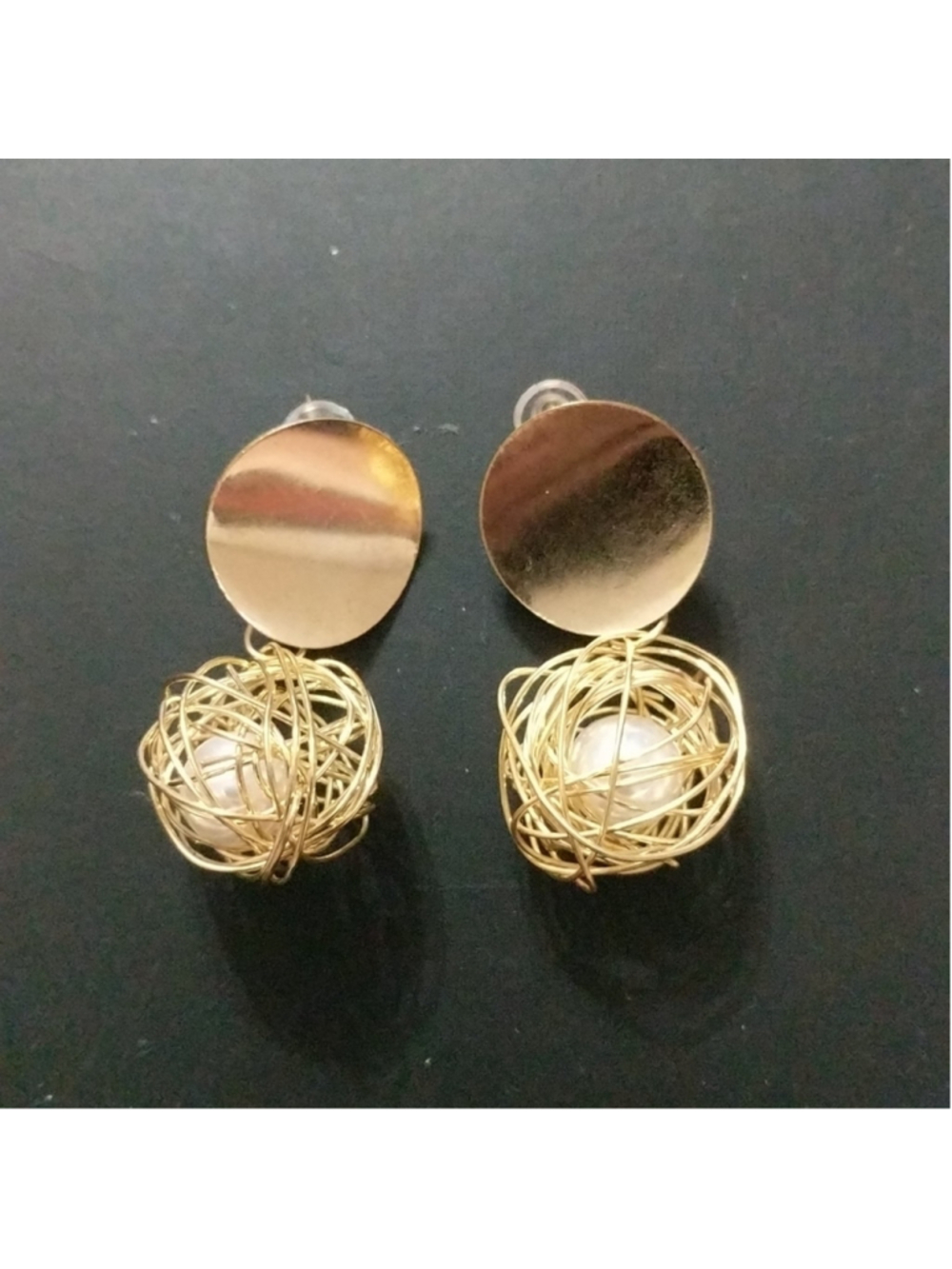 Gold Tone White Caged Faux Pearl Drop Statement Earrings